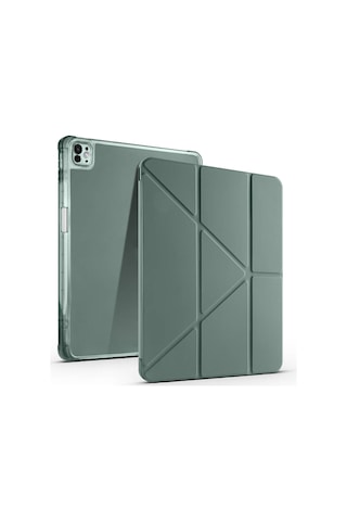 Apple Uyumlu iPad Pro 13 2025 M5 Kılıf Mkst Tri Folding Kalem Bölmeli Standlı Kılıf - Koyu Yeşil Tablet Kılıfı