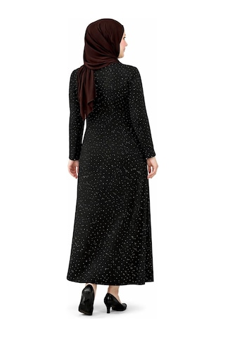 Hira Life Fashion Kadın Bisiklet Yaka Ful Kristal İki İplik Batal Tesettür Elbise Siyah Siyah