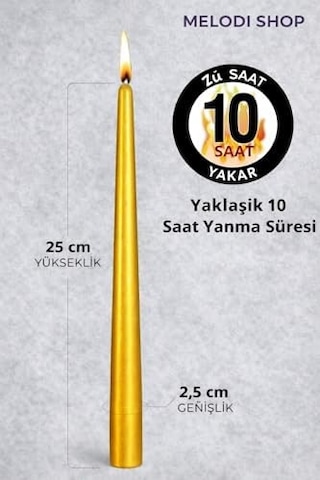 Gold Renk İnce Şamdan Mum Seti,25 Cm Uzunluk,10 Lu Paket, Dekoratif Taper, Şık Masa, Davet Ve Özel Gün Dekorasyonu İçin 50 x 22