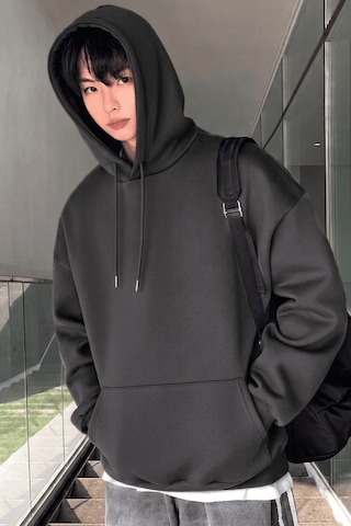 Genius Store Erkek Sweatshirt Kanguru Cepli İçi Polarlı 3 İplik Kapüşonlu Oversize Sweatshirt Kanguru-sweatshırt Füme