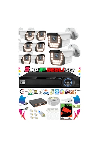 8 Kameralı Ip Set 500gb 9090 5mp Mikrofonlu Hd Gece Renkli Güvenlik Kamerası Sistemi -cepten İzle