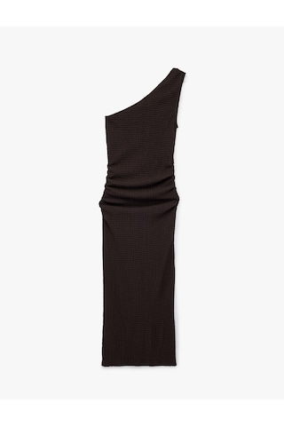 Koton Bürümcük Kumaş Slim Fit Drapeli Kolsuz Tek Omuz Kalem Elbise Kahverengi 6sak80001uk Kahve