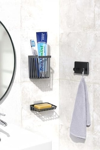 Banyor 6'lı Banyo Seti Yapışkanlı Banyo Düzenleyici Şampuanlık Diş Fırçalık Sabunluk Askılık Takımı Siyah Açık Ahşap
