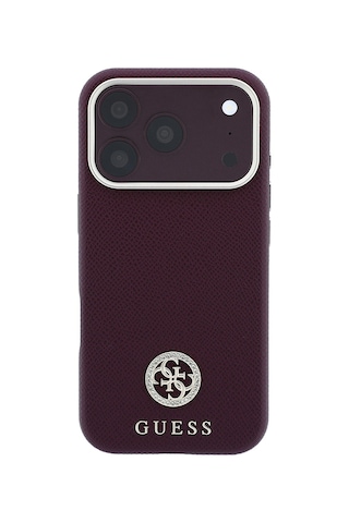 Apple iPhone Uyumlu 18 Pro Kılıf Guess Lisanslı M-safe Özellikli Pu Taşlı Metal 4g Ve Yazı Logolu Kapak Bordo