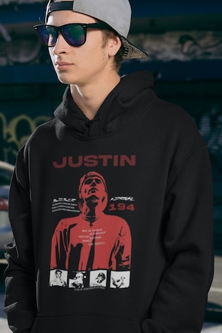 Justin Bieber Baskılı Unisex Oversize Şarkıcı Hoodie Siyah