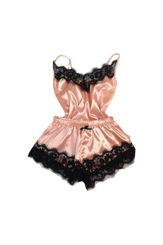 Sones Bölünmüş Dantel Askılı Ev Hizmeti Pijama Takımı Açık Pembe