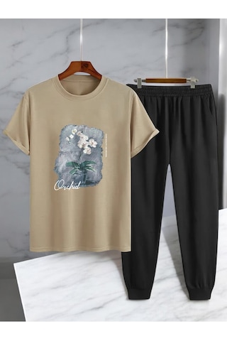 Uyguntarz Unisex Saksı Tasarım Basklı Tshirt Eşofman Takımı Bej