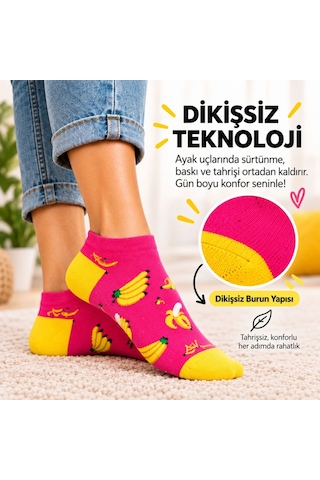 Womanandkids Wak Meyve Desenli 5'li Bayan Patik Çorap Seti 36-40 Premium Kutulu, Dikişsiz Pamuklu Hediye Çorap Çok Renkli