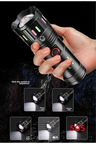 Led El Feneri 2000 Lümen Usb Şarj Edilebilir Flash Işığı Yüksek Güçlü El Feneri Siyah