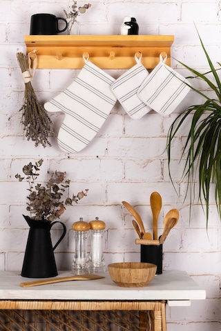 3'lü Fırın Eldiveni Ve Tencere Tutacak Mutfak Seti & 220 Derece Isıya Dayanıklıkrem Gri Çizgili