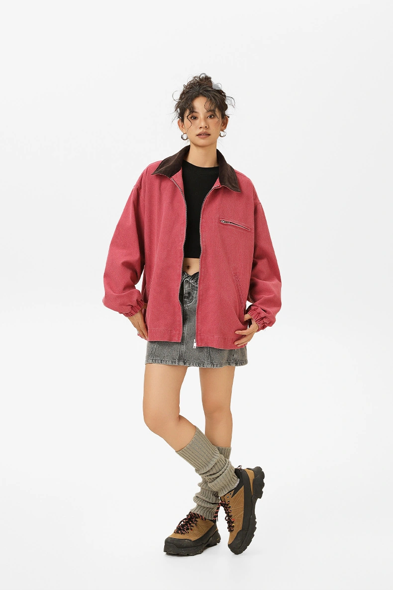 Snapbuy Yıkanmış Denim Ceket, Amerikan Retro Stili, Kontrast Yakalı, Bol Kesim Pembe