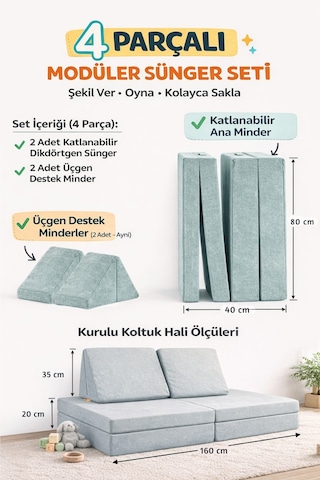 Yatella 4 Parça Katlanabilir Çocuk Koltuğu Yatak & Minder Çok Amaçlı Modüler Tasarım - Bej