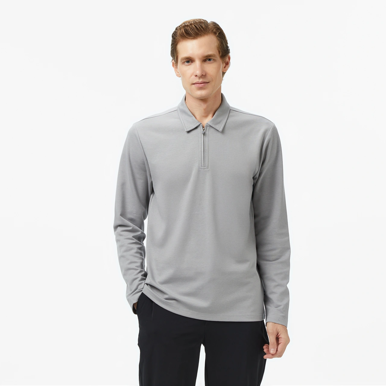 Nautica Erkek Gri Classic Fit Uzun Kollu Polo Yaka T-shirt Düz K57022t Gri