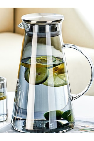 Borosilikat Cam Metal Kapaklı Lüks Sürahi 1900 Ml Füme