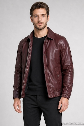 Freemen Erkek Fermuarlı Çıtçıtlı Beli Lastikli Suni Deri Ceket-413 Bordo