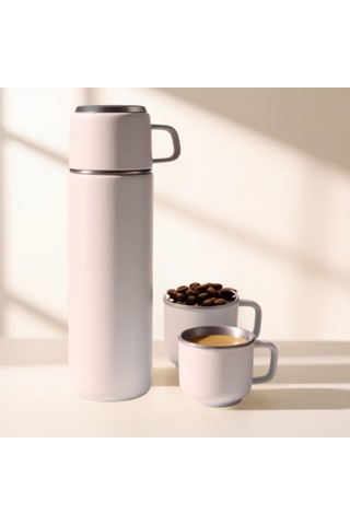 Paslanmaz Çelik 3 Bardaklı Matara Seti-500 Ml Krem