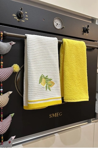 2 Li Mutfak Havlusu Sarı Renk & Limon Figürlü Kurulama Bezi - Yumuşak & Nakışlı Havlu Takımı Sarı