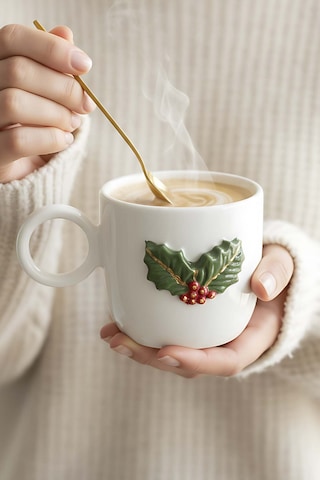 Rivaistanbul Kokina Amore 24 K Altın Süslemeli El Yapımı Yılbaşı Hediyesi Seramik Double Kahve Fincanı, Mug, Kupa Çok Renkli