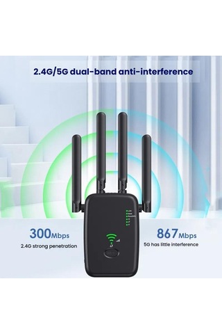 Sones Urant U11 1200mbps 2.4g Ve 5.8g Kablosuz Tekrarlayıcı Wifi Sinyal Amplifikatörü Wps Hızlı Ayar Desteği Ab Fişi Siyah