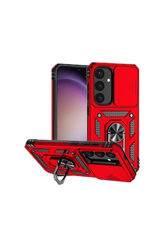 Samsung Galaxy S25 Plus Uyumlu Kamera Sürgülü Tank Kılıf Ve Temperli Cam Ekran Koruyucu Set Kırmızı