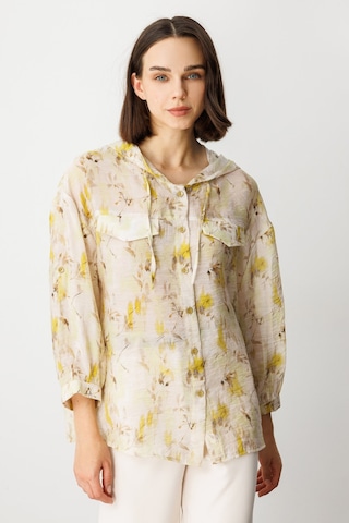 On Oversize Kapüşonlu Çiçekli Kadın Gömlek - Minimalist Stil - 3/4 Kol Asit