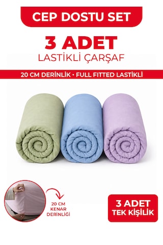 3 Adet Tek Kişilik Lastikli Çarşaf - 100x200cm - Mavi/yeşil/lila - Ranforce Çok Renkli