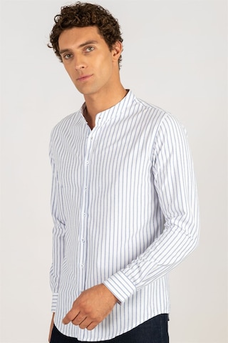 Tudors Slim Fit Uzun Kol Çizgili Hakim Yaka Erkek Gömlek-24977 Beyaz