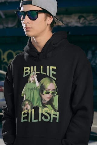 Billie Eilish Baskılı Unisex Oversize Şarkıcı Hoodie Siyah
