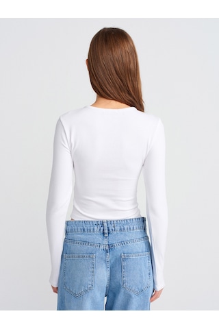 Dilvin 31442 Uzun Kollu Çıtçıt Düğmeli Top-beyaz Beyaz