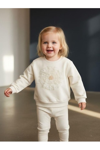 Zekids Kız Bebek Pamuklu Çiçek Detaylı Sweatshirt-16564 Krem