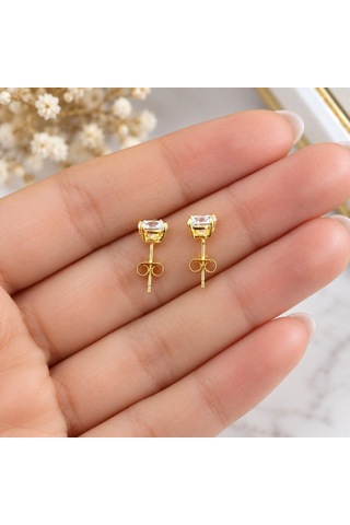 925 Ayar Gümüş 6 Mm Zirkon Taşlı Sarı Gold Kaplama Kadın Küpe Altın - Gümüş