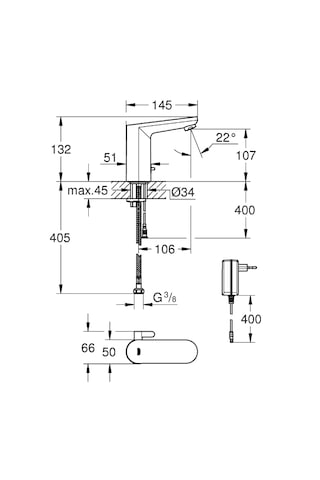 Grohe 36325002 Eurosmart Cosmopolitan E Fotoselli Lavabo Bataryası 1 2" Çift Su Girişli Ayarlanabilir Sıcaklık Sınırlayıcısı