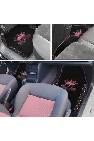 Işıltıya Hazır Ol, Bu Yol Senin Pembe Taşlı Prenses Taç Desenli 5 Li Nakışlı Oto Halı Paspas Seti