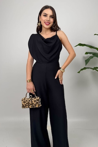 Élan Kadın Siyah Drapeli Detaylı Tulum Dokulu Kumaş Şıklığı Siyah