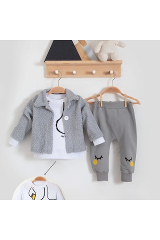 Candar 3-18 Ay Kız Bebek Takımı Peluş Hırkalı 3 Lü Gri Gri