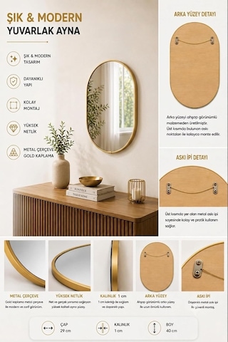 Gold Çerçeveli Dekoratif Duvar Aynası, 30 Cm, Gold Asma İpli Modern Salon Banyo Antre Makyaj Aynası Altın 30 X 30 Çok Renkli