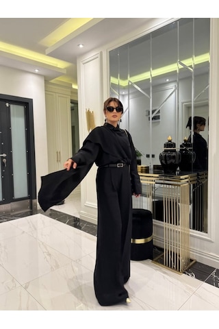 Efnaz Style Kadın Uzun Kollu Şal Detaylı Bluz Ve Pantolon Ikili Takım Kemer Dahil Değil Siyah