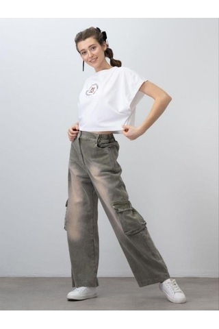 Zekids Kız Çocuk Logo Nakışlı Salaş Crop-15525 Ekru