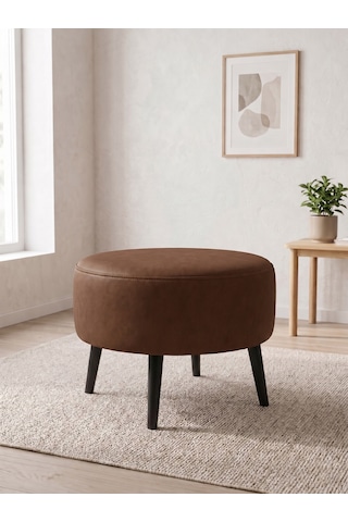 Modern Acı Kahve Deri Puf Yuvarlak Oturma Pufu Ahşap Siyah Ayaklı Demonte 60x46 Cm Kahverengi