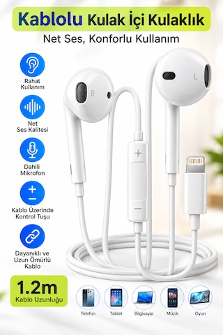Lightning Kablolu Kulak İçi Kulaklık Mikrofonlu, Ses Kontrollü, Çağrı Destekli, 1.2 Metre Kablo, İphone Uyumlu Kablolu Kulaklık