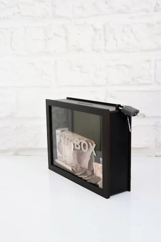 Kumbara Ahşap Önü Şeffaf Pleksili Özel Yapım Kilitli Siyah Tip Box Cn