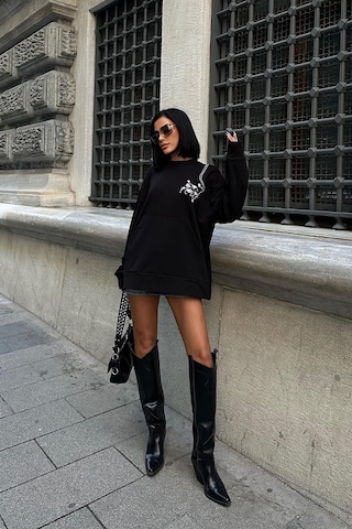 Kadın Siyah Dokuma Oversize Uzun Kollu Sweatshirt Siyah