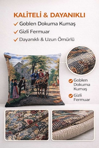Goblen At Arabası Kırlent Kılıf Renkli