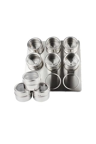 Paslanmaz Çelik Masa Üstü 9Lu Mıknatıslı Baharatlık Takımı Cin220 Gri