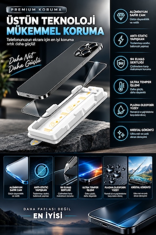 İphone 17 Pro Max Uyumlu Premium Alüminyum Safir Cam Ekran Koruyucu 9h Sertlik & Kolay Uygulama Kiti