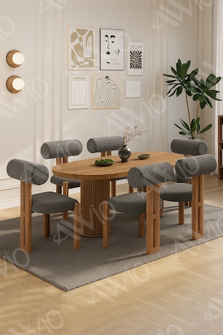 Avvio İcon Bohem Ayak 6'lı Metal Pofi Demonte Sandalye 80x160 Masa Sandalye Takımı Akça Masa Sandalye Kumaşı Antrasit Gri