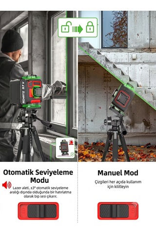 Schatz 360 3.7v Çift Akülü 12 Köşe Otomatik Hizalamalı Kumandalı Yeşil Çizgili Lazer Hizalama Makinesi Kırmızı