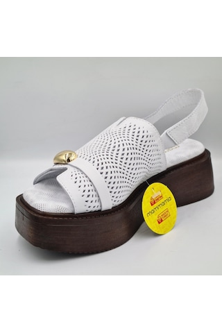 Mammamia D26ys-2920 Beyaz Hakiki Deri Lastikli Kalın Taban 3cm Topuk 5cm Kadın Sandalet