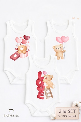 Babyden's 3 Lü Bebek Body Seti %100 Pamuk Ayıcık Desenli Unisex Bebek Body Kolsuz Çıtçıtlı Zıbın Beyaz