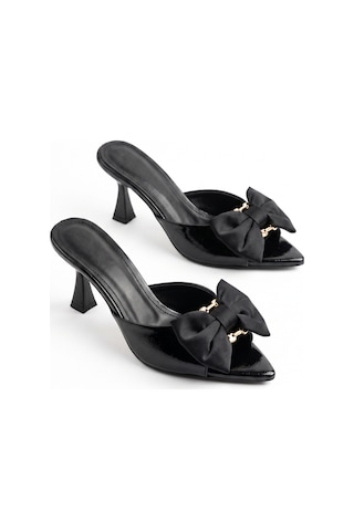 V.s.h Velvet Kadın Fiyonklu 8 Cm Siyah Topuklu Terlik / Siloy-2467